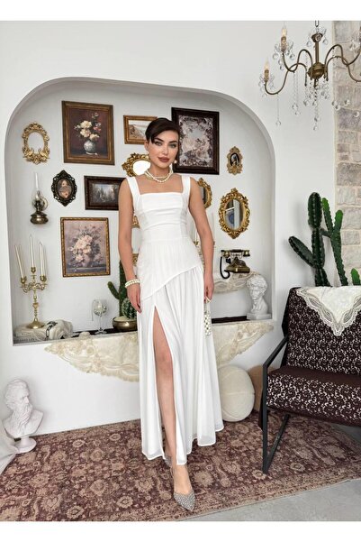 conconmoda Hulos Yırtmaç Detaylı Atlas Şifon Elbise