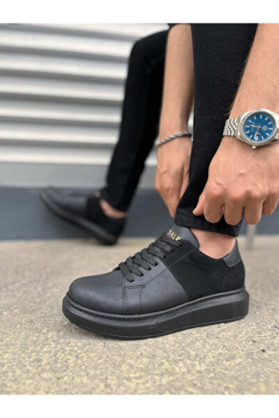 pabucmarketi Black (Black Sole) Black Suede Detailed Lace-Up Men's Shoes Snea...