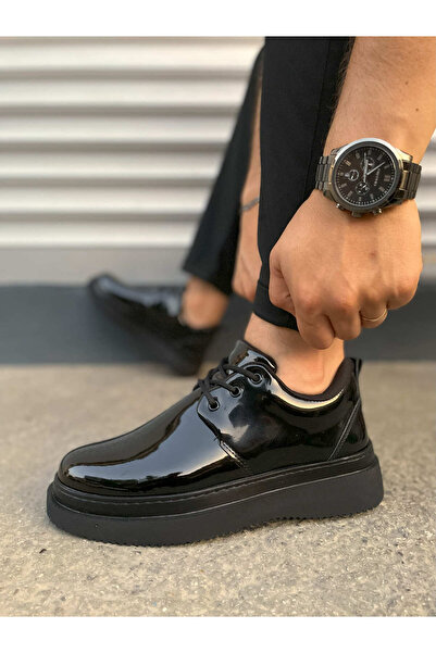 pabucmarketi Black Patent Leather (Black Sole) Lace-Up Men's Casual Shoes