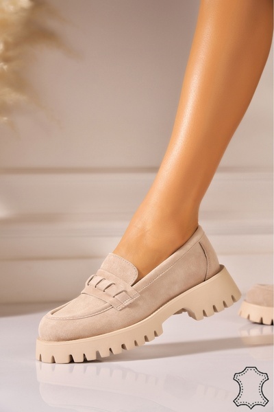 Joana Women's Beige Suede Leather Platform Loafers