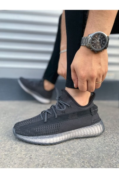 pabucmarketi Black (White Sole) Lace Detailed Knitwear Men's Sports Shoes