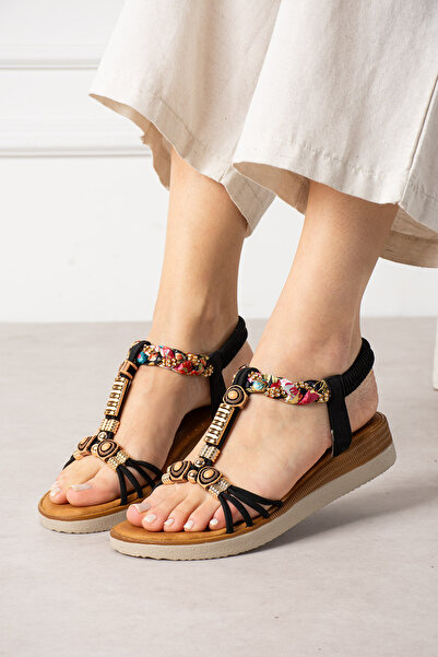 LEYDİ SHOES Su Peri̇si̇ Black Stone Sandals with Stone Accents