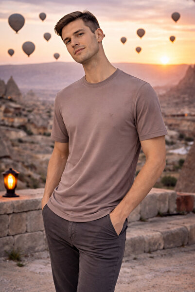 Maccali Men's Trend Crew Neck Basic Brown T-Shirt