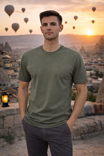 Maccali Men's Trend Crew Neck Basic Khaki T-Shirt