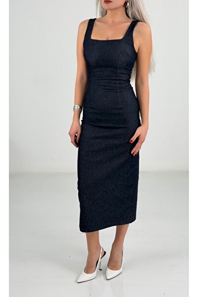 Elvan Güven Lacivert Kare Yaka Kolsuz İnce Denim Likralı Midi Elbise