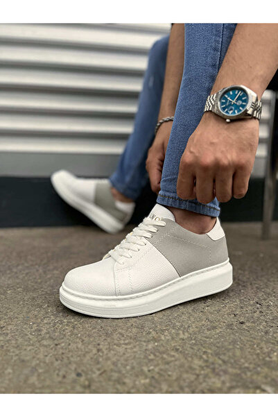 pabucmarketi White Gray Suede Detailed Lace-Up Men's Shoes Sneakers