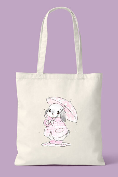 Hayali Şeyler Cute Rabbit with Umbrella Printed Bag