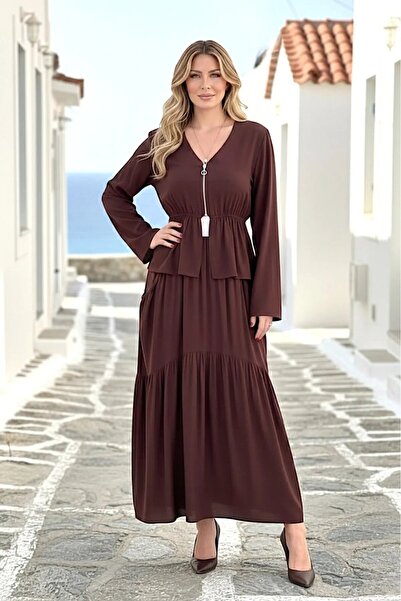 Butikcadde Brown Chest Zipper Skirt Suit