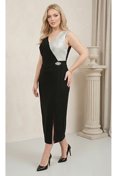 Butik Nilyam Kadın Büyük Beden Tek Yön Beyaz Payet Detaylı Bel Broşlu Esnek A...