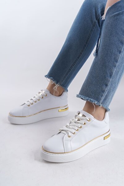 pabucmarketi Beyaz Altın Bağcıklı Kadın Sneaker