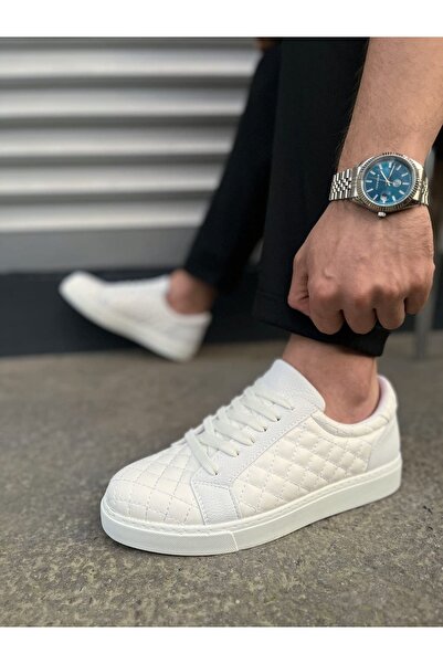 pabucmarketi White Lace-Up Quilted Patterned Men's Casual Shoes