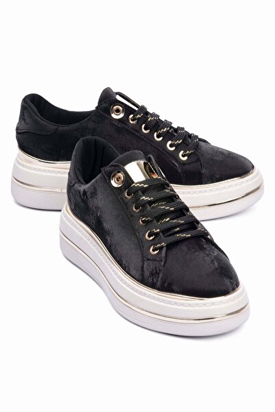 Mubiano Women's Sneakers Velvet Patterned Gold Detailed Thick Sole Sports Sho...