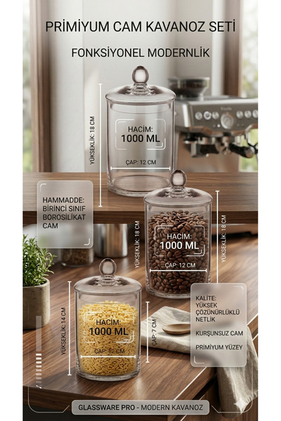 The Mia Glass Jar with Lid 18X12X12 cm Set of 3