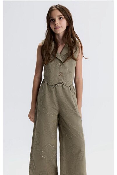 NK Kız Çocuk Nakış İşlemeli Yelek ve Geniş Paça Pantolon Takım - Haki