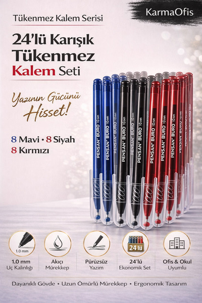 KarmaOfis 24-Piece Mixed Ballpoint Pen Set 1.0 mm – 8 Blue 8 Black 8 Red