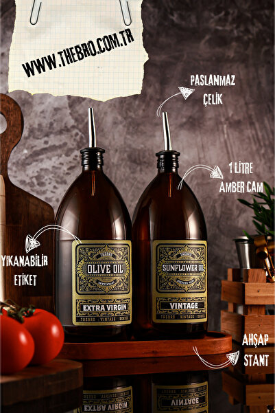 Saule 1lt Amber Renkli Green Vintage Yağdanlık 2'li Set Zeytinyağı Sıvıyağ Şi...