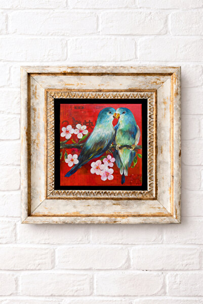 LudenHome Çerçeveli Taş Duvar Dekoru Tablo 20cm X 20cm Kırmızı Kuş Tasarımı