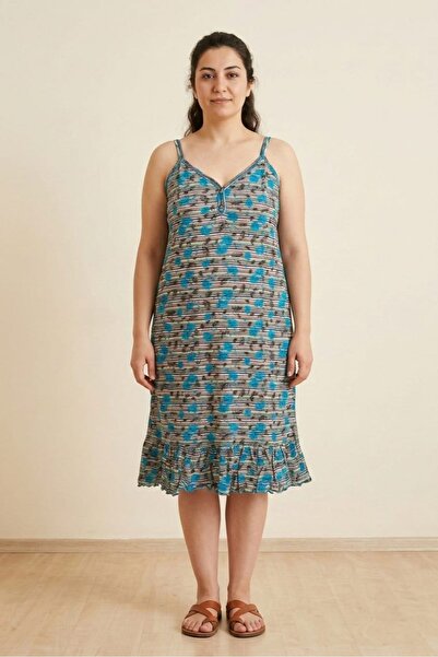 Flamingo Rahat Kalıp Kadın Turkuaz Çiçek Desenli Çizgili İp Askılı Pamuklu Vo...