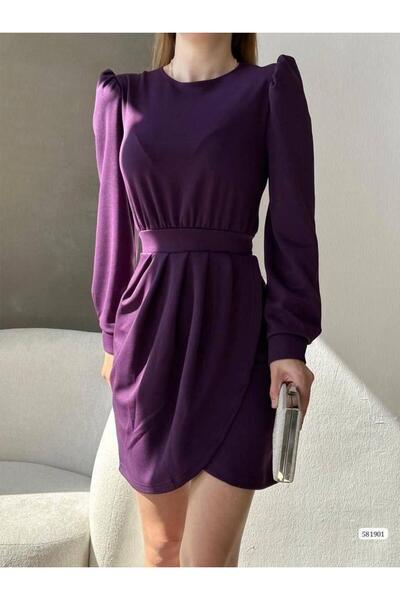 Modafeminen Κομψό μωβ φόρεμα για εκδηλώσεις με φουσκωτά μανίκια και λεπτομέρε...