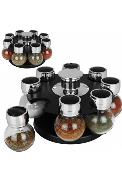 OEM Set 8 Borcane Ideal pentru Condimente cu Suport Rotativ, Negru – Design M...