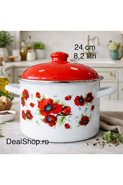 dealshopromania Oală emailată mare cu capac 24 cm, 8,2 litri model maci roșii...