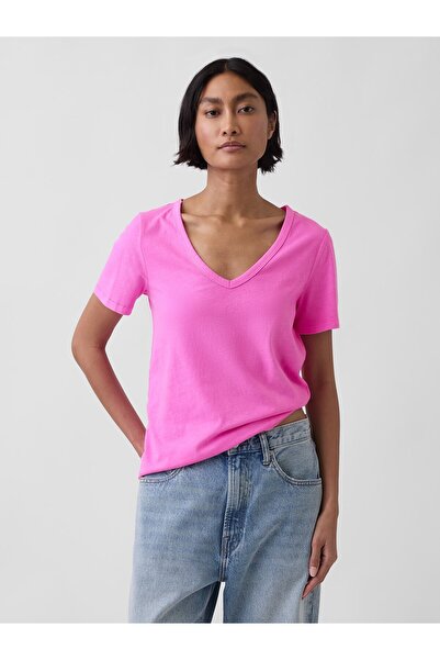 GAP Kadın Pembe Organik Pamuk VintageSoft V-Yaka T-Shirt