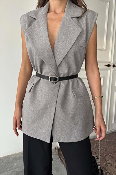 MyLoore Women's Gray Belt Pack Sleeveless Blazer Vest Mlb153