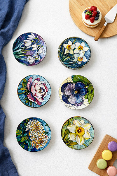 grandora 6 Pieces of Floral Print Tea Plates - Modern Tea Plate, Tea Dish