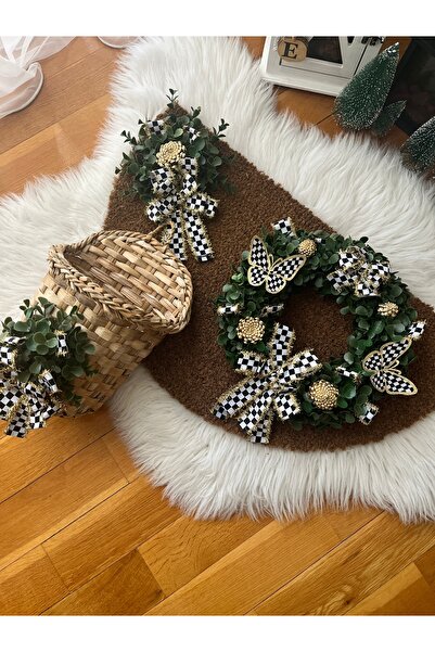 atolyedileks Dark Green Eucalyptus Floral Checkered Ribbon Door Decoration Ba...