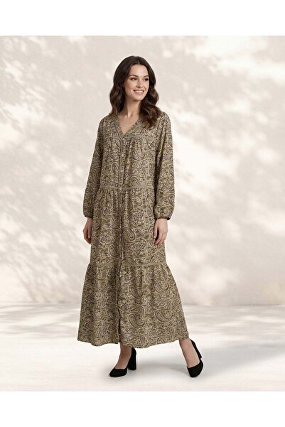 REDTAG قميص نوم نسائي بأكمام طويلة مطبوع عليه لون الزيتون بالكامل