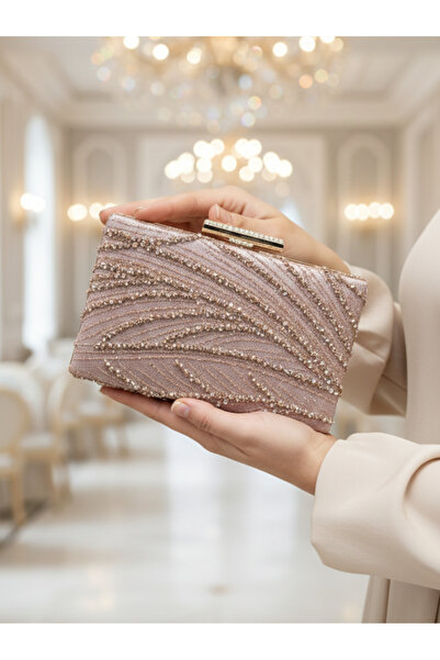 Telli Art فستان سهرة مرصع بالأحجار مع سلسلة معدنية - موديل حقيبة – 12x21 سم –...