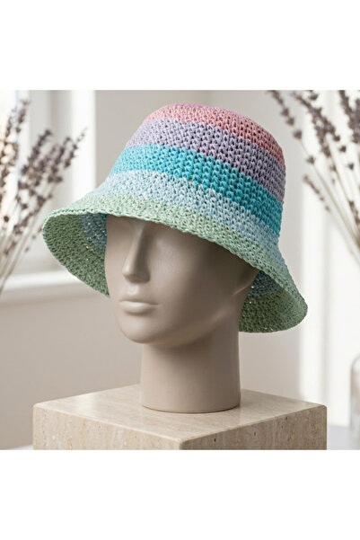 Mollycrush Women's Blue Transitional Straw Weave Bucket Hat Bohemian Style Be...