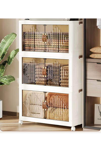 Generic خزانة تخزين بلاستيكية بثلاثة أرفف مع أبواب مزدوج وعجلات (60 × 34 × 10...