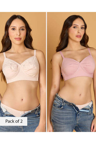 REDTAG Women Assorted Embroidered Non Padded Wired Bra 2 Pack