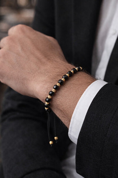OEM Βραχιόλι με ρυθμιζόμενο κορδόνι, μαύρες κρυστάλλινες χάντρες, χρυσές λεπτ...
