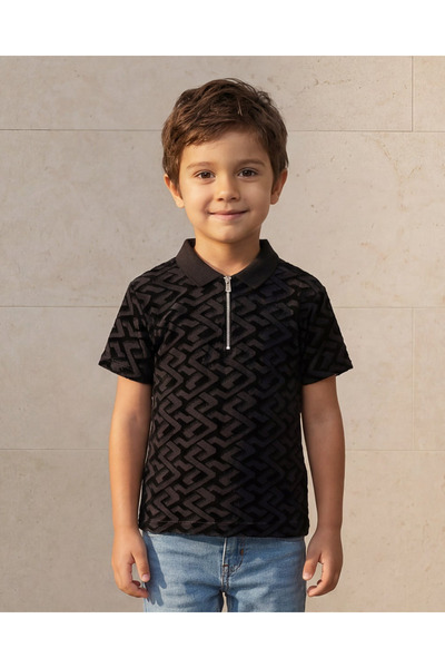 REDTAG Boys Black Allover Flock Polo Shirt