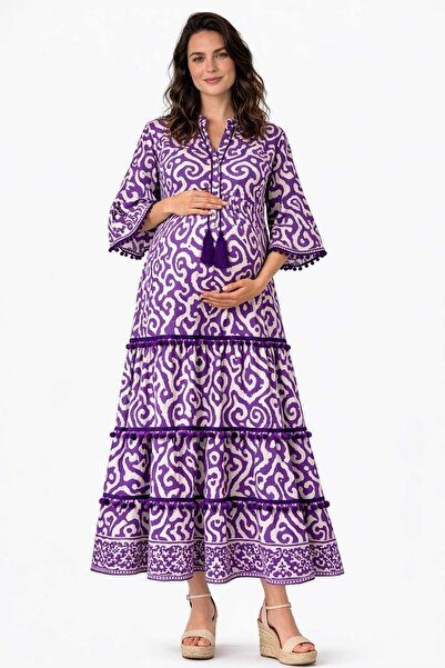 Park Moda Women's 100% Cotton Lu Tasseled Purple Bohemian Maternity Dress
