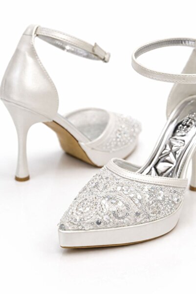 Ajax Işıltılı Gelin & Abiye Ayakkabısı Beyaz – 8 cm İnce Topuklu, Platformlu,...