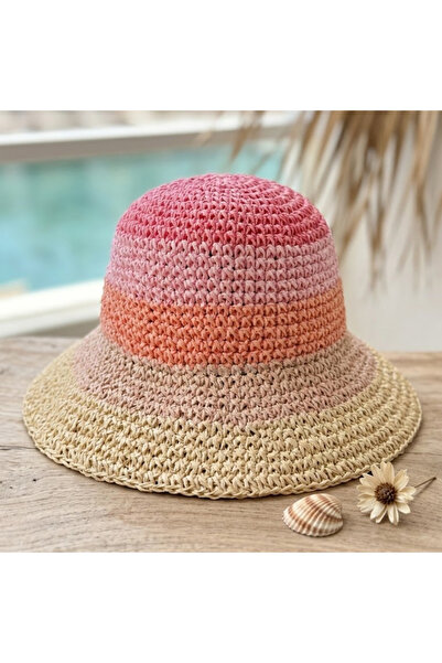 Mollycrush Women's Pink Gradient Straw Weave Bucket Hat Bohemian Style Beach ...