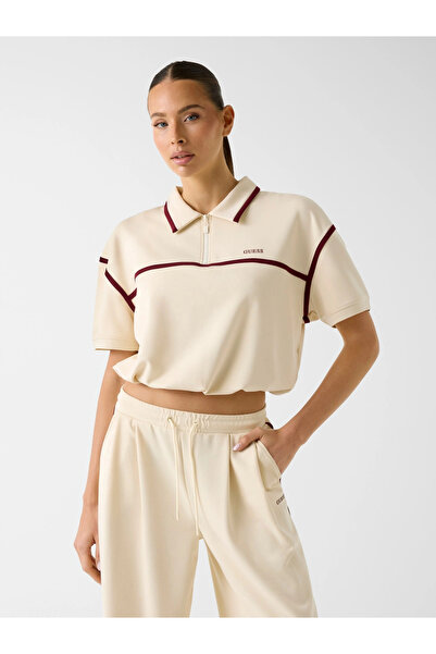 Guess Jasmine Short Polo Collar Half Zipper Women's White Sweatshirt V6Gp01K2...