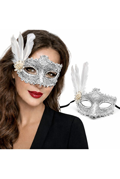 magicool قناع فينيسيا الفاخر بالريش الأبيض - تصميم مرصّع بالأحجار دانتيل