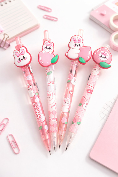 NaSaDAN Kawaii Şeftali Tavşan Uçlu Versatil Kalem 0.7 mm 4 Adet– Sevimli Figü...