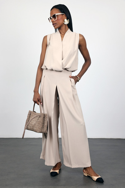 5in1Canpolat بيج بثنيات بنطلون واسع الأرجل 0032