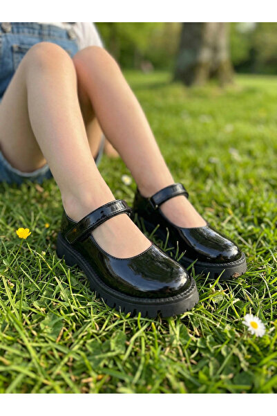 nuh kids Crne lakirane kožne ortopedske balerina cipele za devojčice