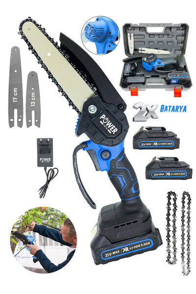 POWER BLACK ULTRA GÜÇLÜ ÇİFT KAMALI ÇİFT ZİNCİR ÇİFT BATARYALI TESTERE 21 V