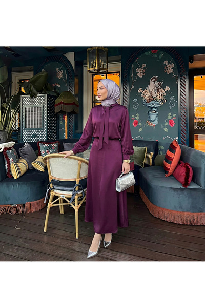 Lunsera Store Yaka Bağlamalı Saten Etekli Takım-Mürdüm