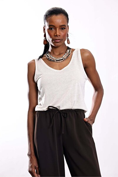 5in1Canpolat Prirodna majica sa V-izrezom Lan Teksturirano 30127