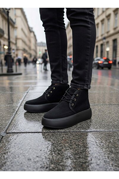 pabucmarketi Lace-Up Fur-Lined Men's S Sneakers Boots Black Sü Suede Black Sole)