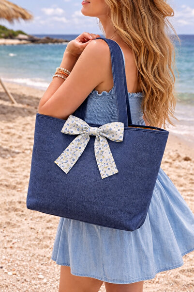 LUVENİSA Kurdele desen kot denim kumaş yazlık kadın çanta