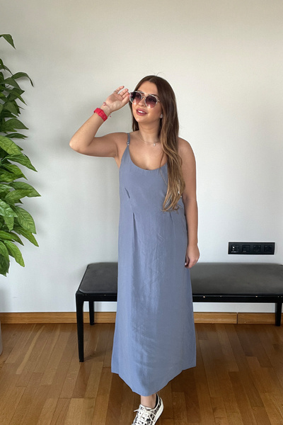 PİCCO Premium Kumaş Gri Mavi Ayarlanabilir Askılı Uzun Gömlekli Elbise Kadın ...